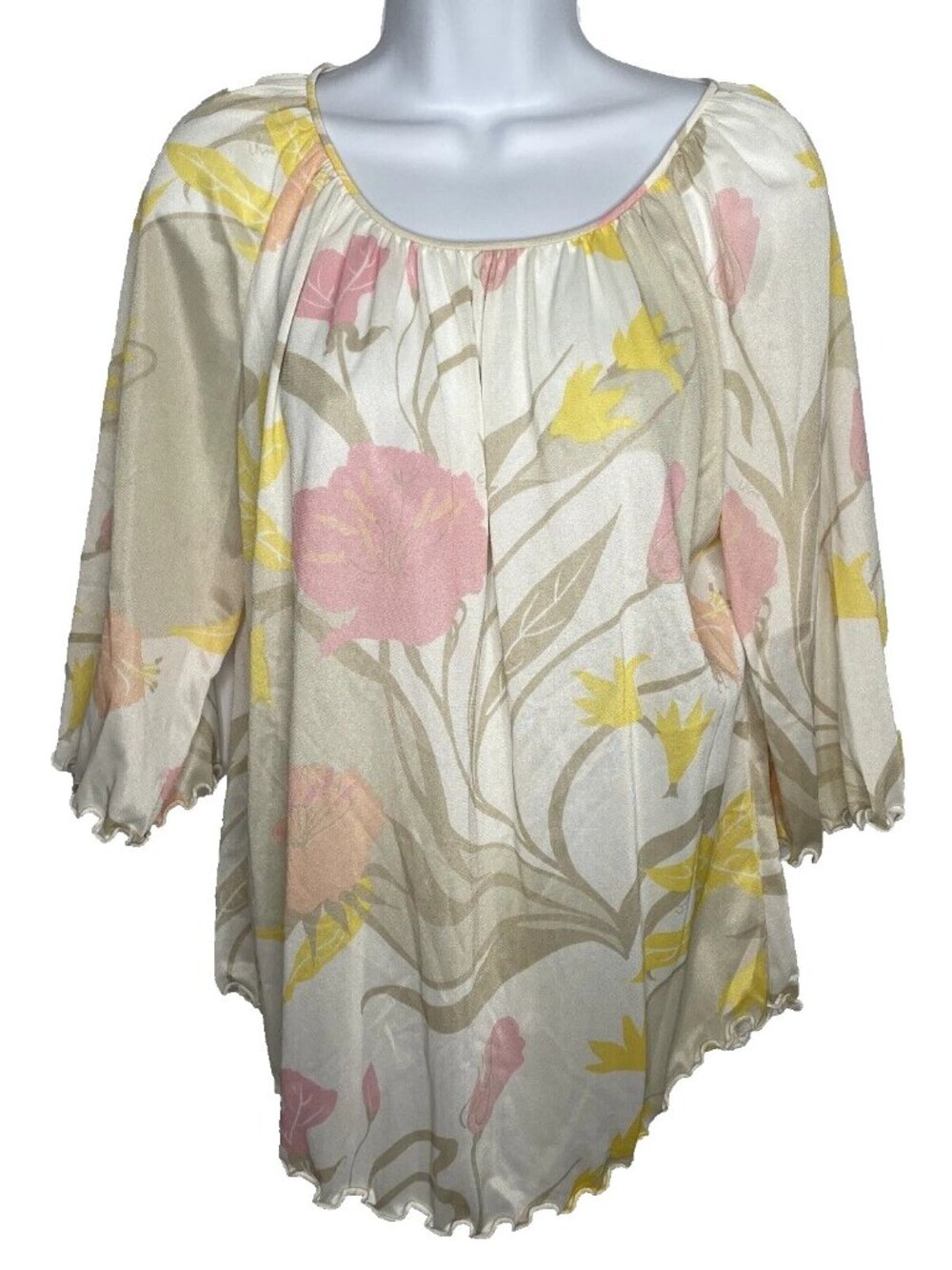 Vintage 70s Vera Neumann Blouse Shirt Size 12 Ivory Pastel Pink Yellow Floral